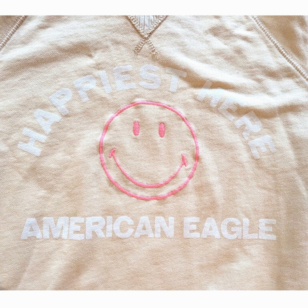 American Eagle Happiest Here Smiley Face Sweatshirt Tan Beige Medium